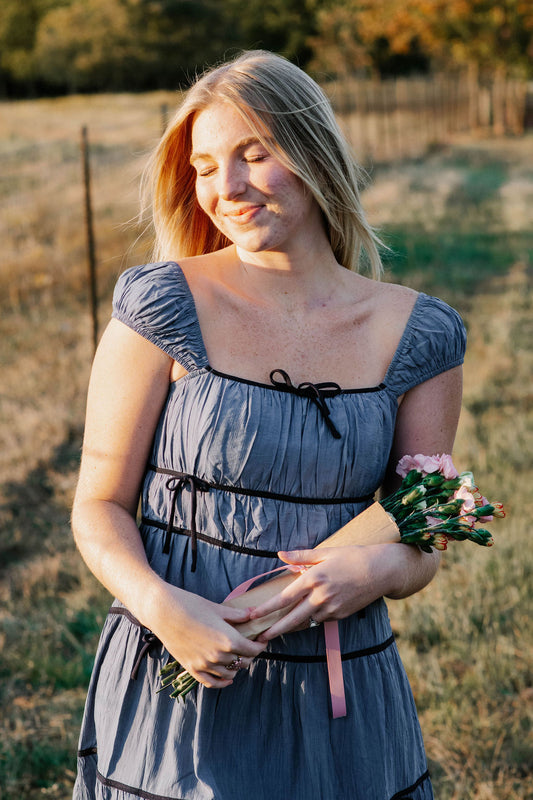 Modest blue bow dress!